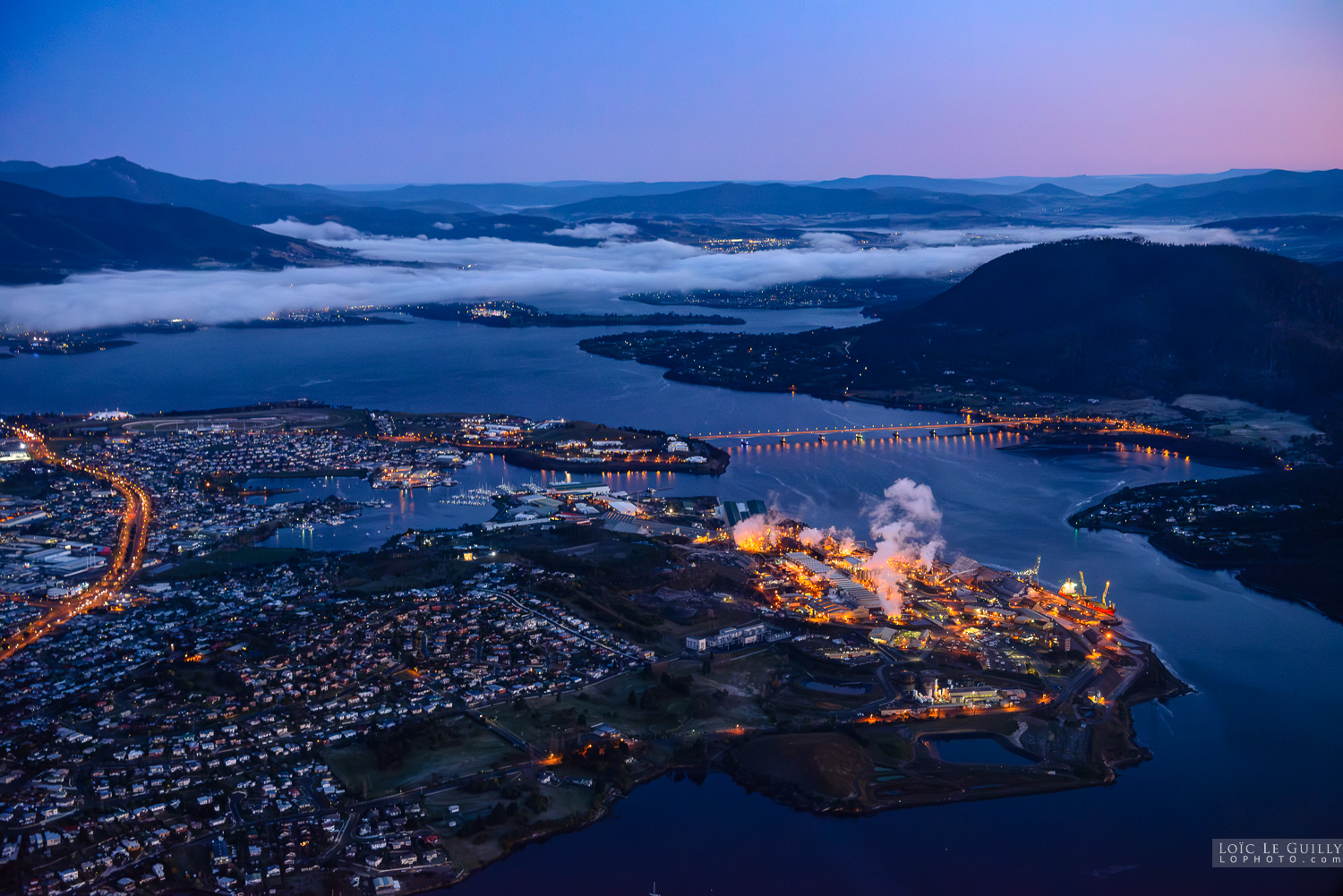 photograph of Aerial view of northern Hobart at dawn